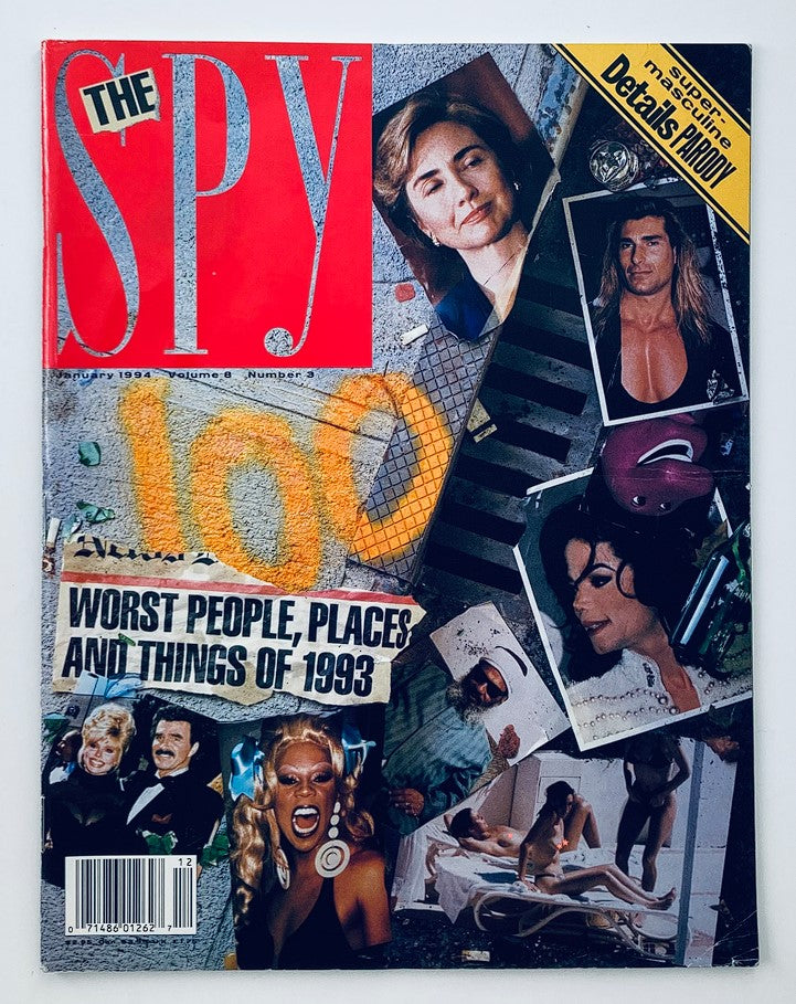 Spy Magazine cover from December 1993 featuring a collage of iconic figures including Hillary Clinton and Michael Jackson, highlighting '100 Worst People, Places, and Things of 1993' for a vintage and satirical commentary on pop culture.