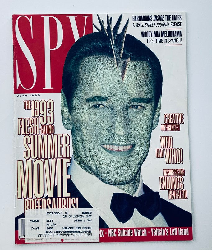 Cover of Spy Magazine, June 1993 issue featuring Arnold Schwarzenegger, Woody Allen, and Mia Farrow, with satirical headlines on Hollywood culture and summer movies.