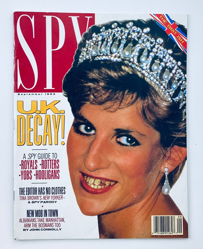 Cover of Spy Magazine from September 1993 featuring Princess Diana, with a headline stating 'U.K. Decay!' and a humorous take on royalty and celebrity culture.