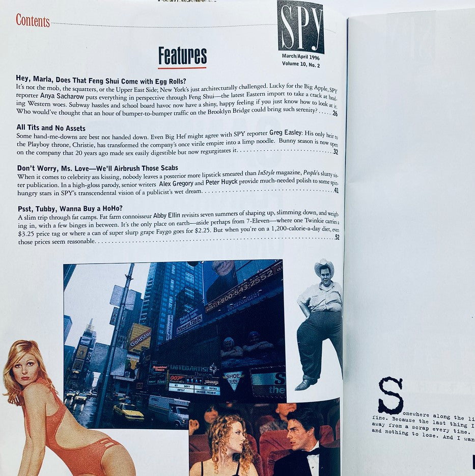 Table of contents page from Spy Magazine March 1996, Volume 10, Issue #2, showcasing featured articles and highlights.