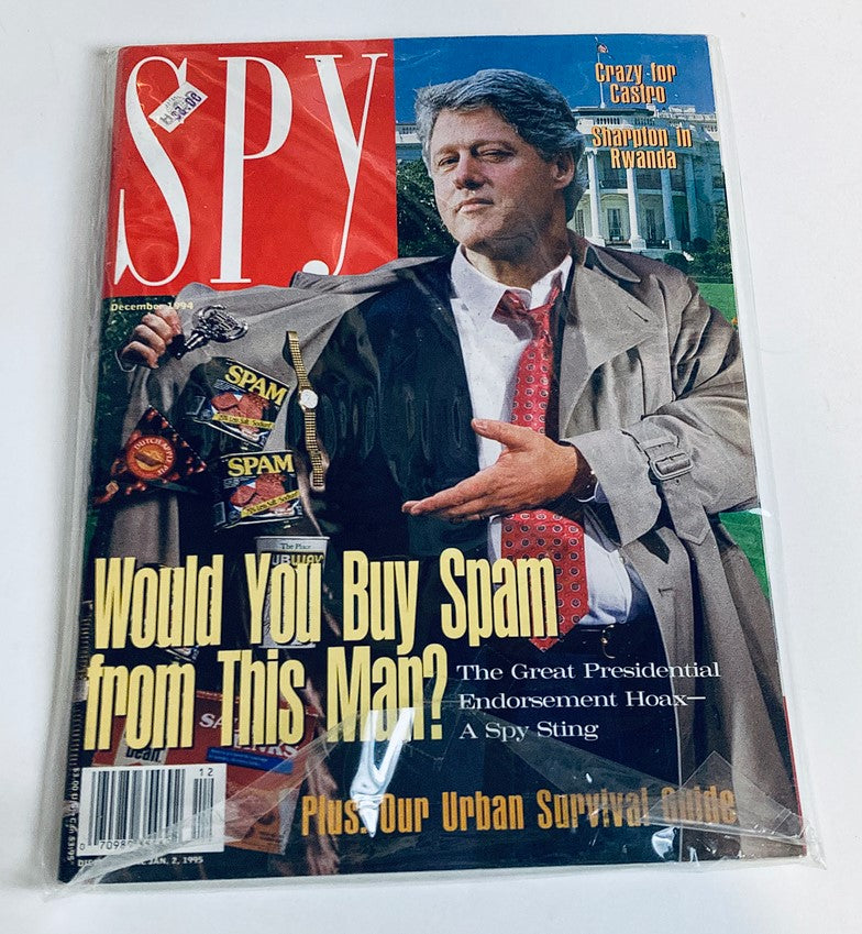 Spy Magazine November 1994 Vol 8 #8 featuring Bill Clinton on the cover, with the headline 'Would You Buy Spam from This Man?' This collectible magazine captures the satirical essence of 1990s political commentary.