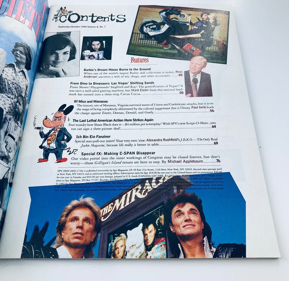 Content page from Spy Magazine October 1994 displaying various features, including humorous articles and political commentary, encapsulating the unique tone of the magazine.