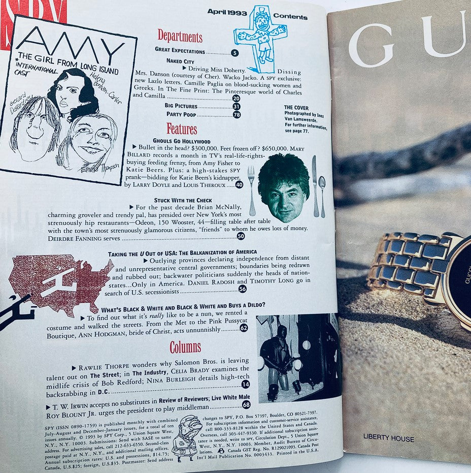 Interior page of Spy Magazine April 1993 Volume 7 Issue 6 displaying the table of contents, outlining features and columns, including articles titled 'Ghouls Go Hollywood' and 'What’s Black & White and Buys a Dildo?'