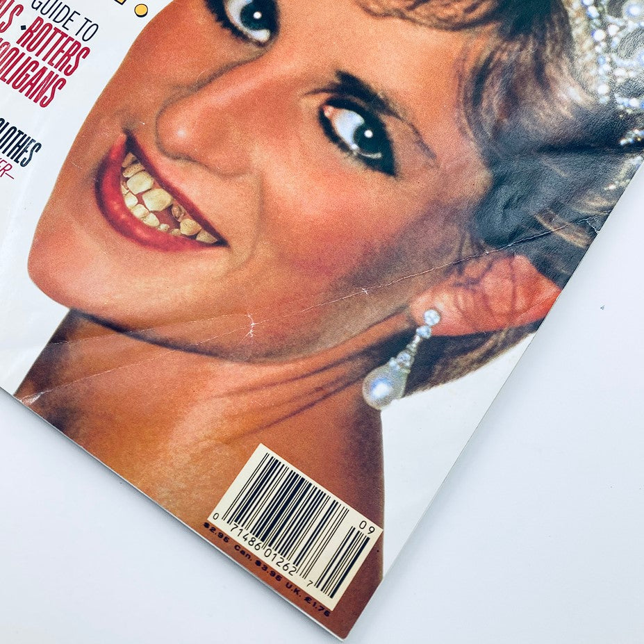 Close-up detail of the cover of Spy Magazine from September 1993, displaying Princess Diana's face with a tiara, showcasing the magazine's vintage condition and barcode.