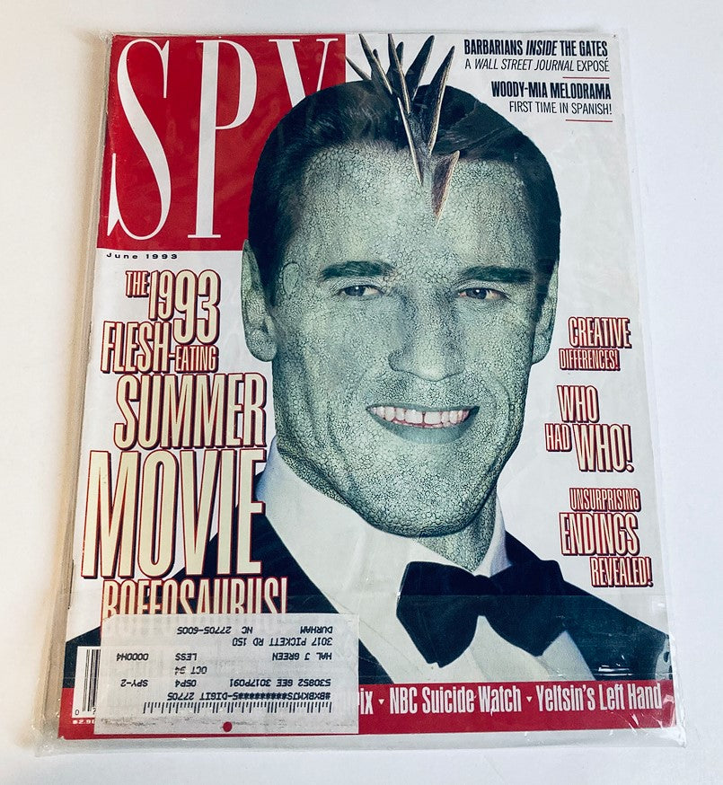 Cover of Spy Magazine June 1993 showcasing Arnold Schwarzenegger with graphic design elements, focusing on summer movies and creative content for that issue.