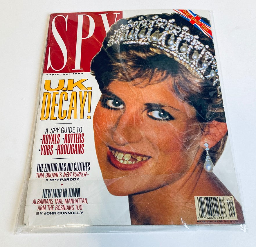 Spy Magazine September 1993 featuring Princess Diana on the cover, with the headline 'U.K. Decay!' showcasing a satirical take on royalty and celebrity culture.