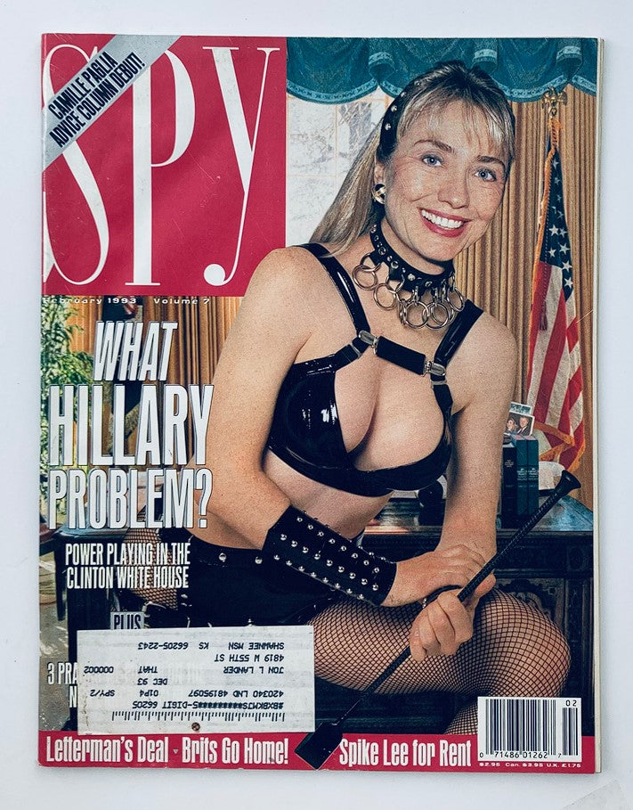 Spy Magazine February 1993 featuring a provocative cover story titled 'What Hillary Problem?' showcasing an artistic representation related to Hillary Clinton's influence in the White House.