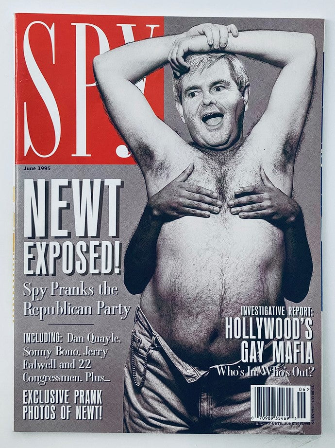 Cover of Spy Magazine June 1995 featuring an image of a man with humorous pose and text highlighting articles on Dan Quayle, Jerry Falwell, and Hollywood's Gay Mafia.