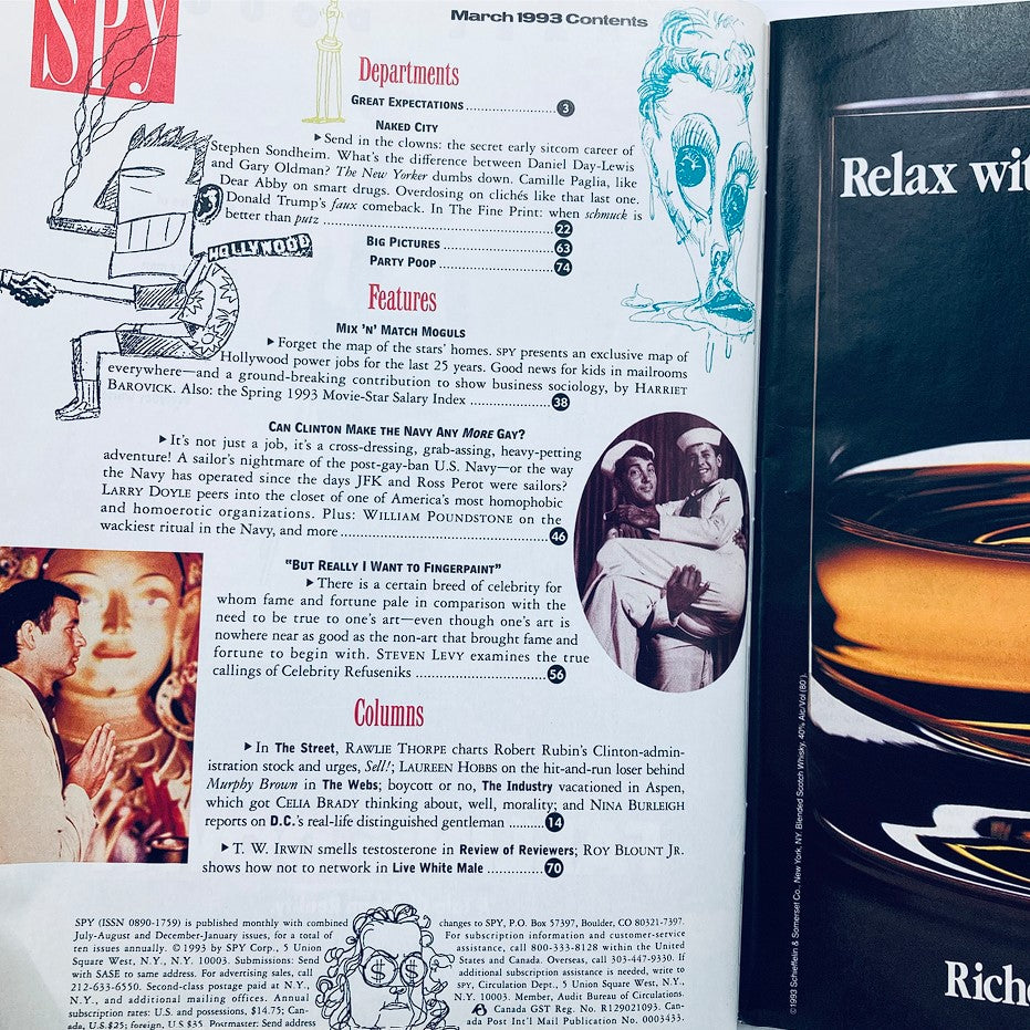 Contents page of Spy Magazine, March 1993, showcasing various sections including features, departments, and columns that highlight the magazine's satirical and critical take on contemporary issues.