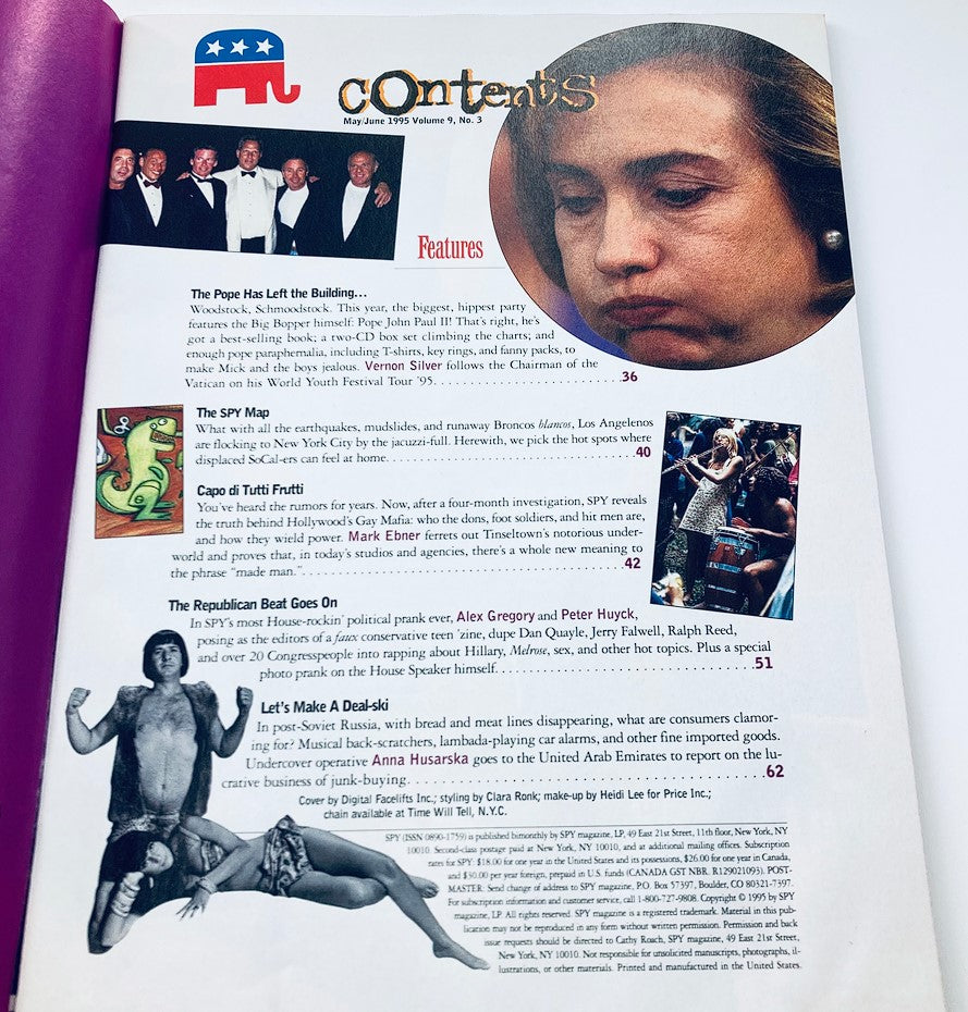 Contents page of Spy Magazine June 1995 showcasing featured articles and images, including a mention of Hillary Clinton and a humorous recap of political satire.