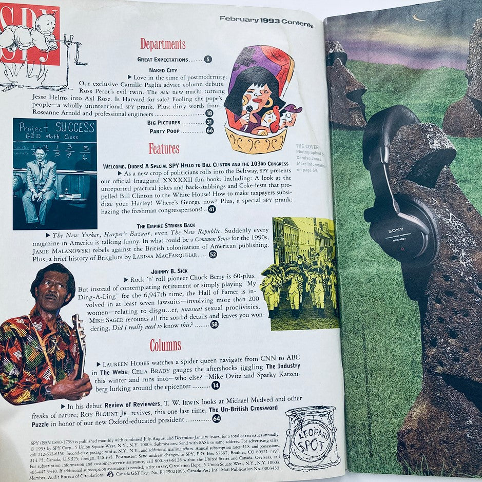 Inside page of Spy Magazine February 1993 highlighting the table of contents with various features, including political commentary and cultural satire.
