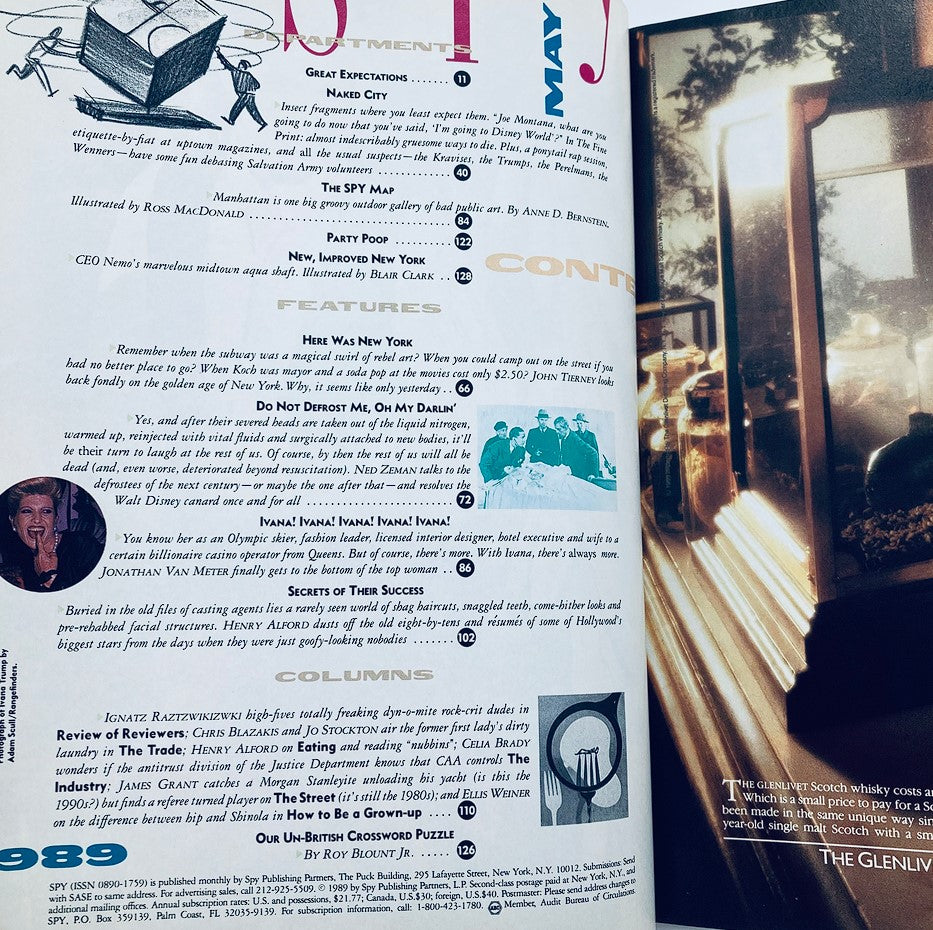Contents page of VTG Spy Magazine May 1989, showcasing articles including features on Ivana Trump and cultural commentary relevant to the era.