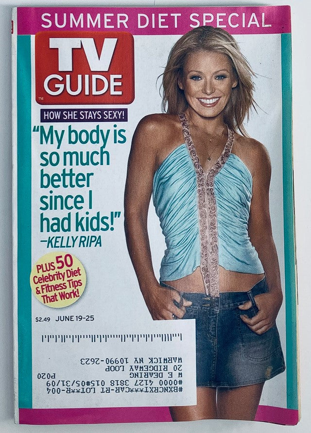 TV Guide Magazine cover from June 19, 2005, featuring Kelly Ripa on the Summer Diet Special. The cover includes a quote from Ripa about body positivity and highlights celebrity diet and fitness tips.