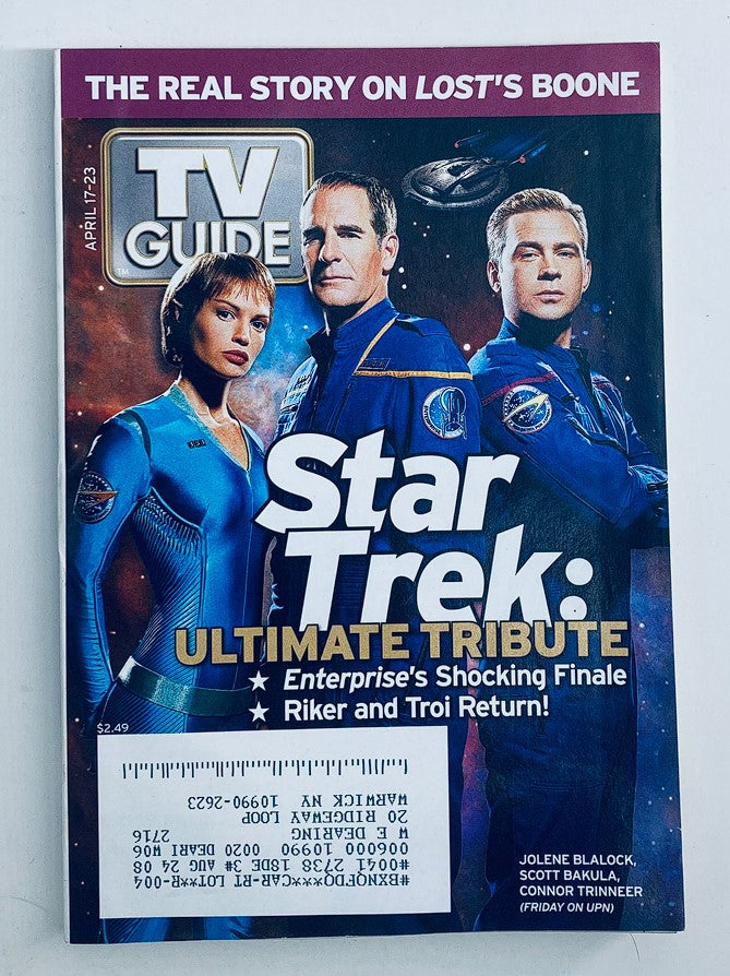 TV Guide Magazine cover from April 17, 2005 featuring Scott Bakula, Jolene Blalock, and a promotional theme for Star Trek: Ultimate Tribute. This collectible edition highlights the shocking finale of Enterprise, showcasing prominent characters Riker and Troi. A nostalgic piece reflecting mid-2000s television history.