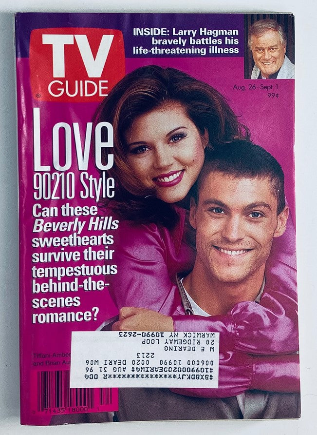 TV Guide Magazine cover from August 26, 1995 featuring Tiffani Thiessen and Brian Austin Green. The cover highlights 'Love 90210 Style' with a focus on Beverly Hills romance. This collectible magazine reflects the iconic 90s television culture.