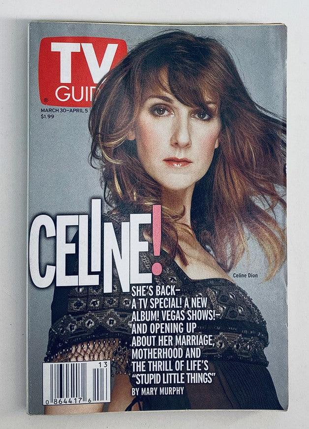 TV Guide Magazine cover from March 30, 2002 featuring Celine Dion, celebrating her return to the music scene. The magazine highlights her new album, Vegas shows, and personal insights.