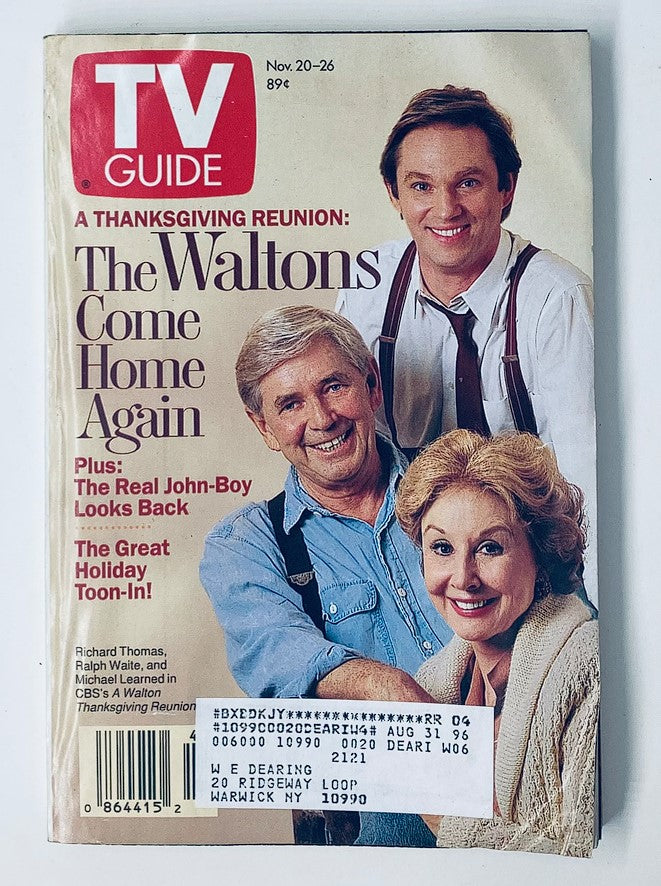 TV Guide Magazine cover from November 20, 1993 featuring a Thanksgiving Reunion theme with Michael Learned, Richard Thomas, and Ralph Waite. The magazine highlights 'The Waltons Come Home Again' as a featured story and captures a nostalgic moment in television history.