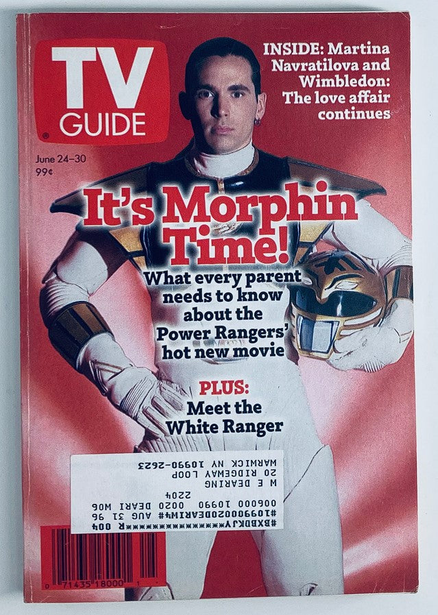 TV Guide Magazine cover from June 24, 1995 featuring Jason David Frank as the iconic White Ranger. The cover highlights the phrase 'It's Morphin Time!' and includes insights about the Power Rangers' hot movie. Perfect collectible for fans of Mighty Morphin Power Rangers.