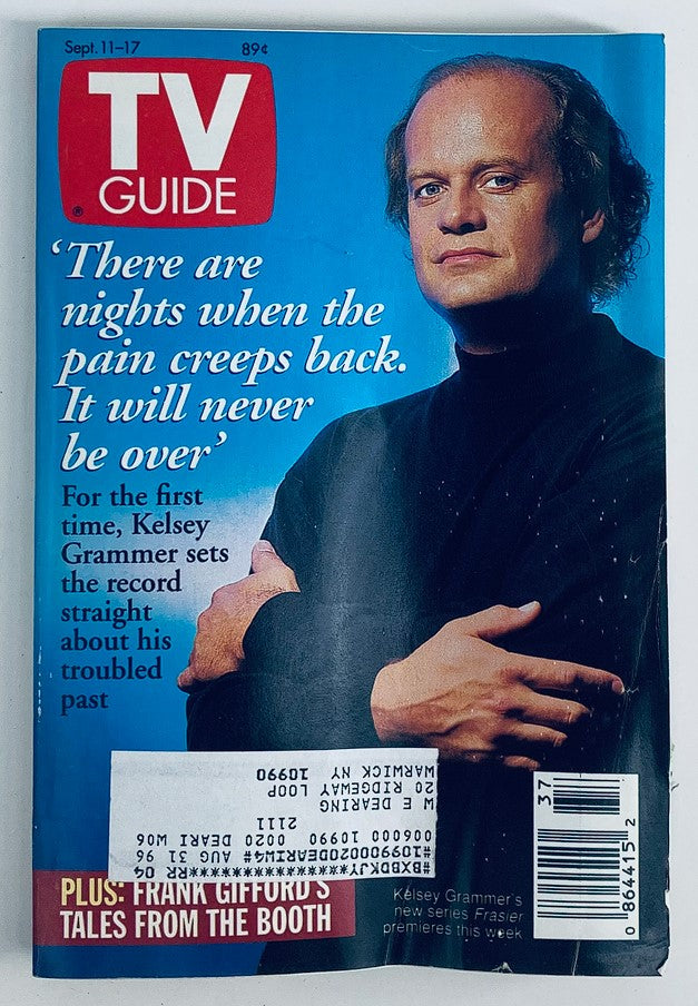 TV Guide Magazine September 11 1993 cover featuring Kelsey Grammer from Frasier, with the quote about pain and his troubled past, showcasing a nostalgic piece of television history.