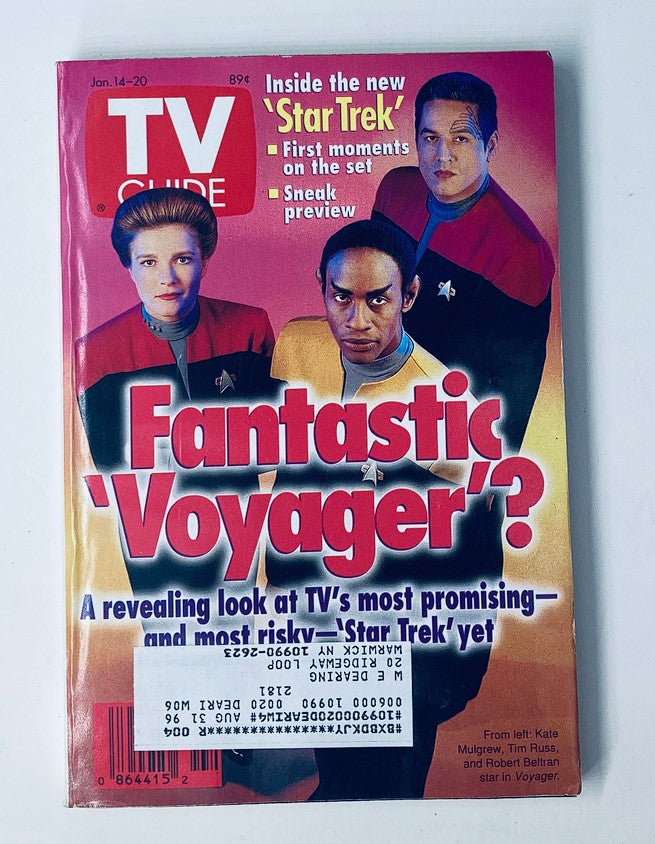 TV Guide Magazine January 14 1995 featuring Robert Beltran, Kate Mulgrew, and Tim Russ on the cover, highlighting the new Star Trek series 'Voyager'. The vibrant magazine cover discusses the promising yet risky nature of the show, making it a collectible item for fans of 90s television.