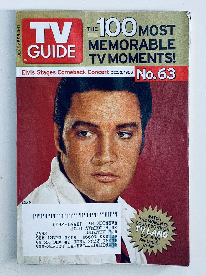 Cover of TV Guide Magazine from December 5, 2004, featuring Elvis Presley, highlighting the Comeback Concert, showcasing memorable TV moments.