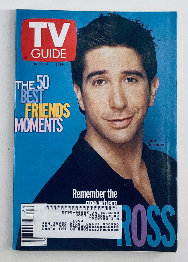 TV Guide Magazine June 8 2002 cover featuring David Schwimmer as Ross from Friends, highlighting the 50 Best Friends Moments.