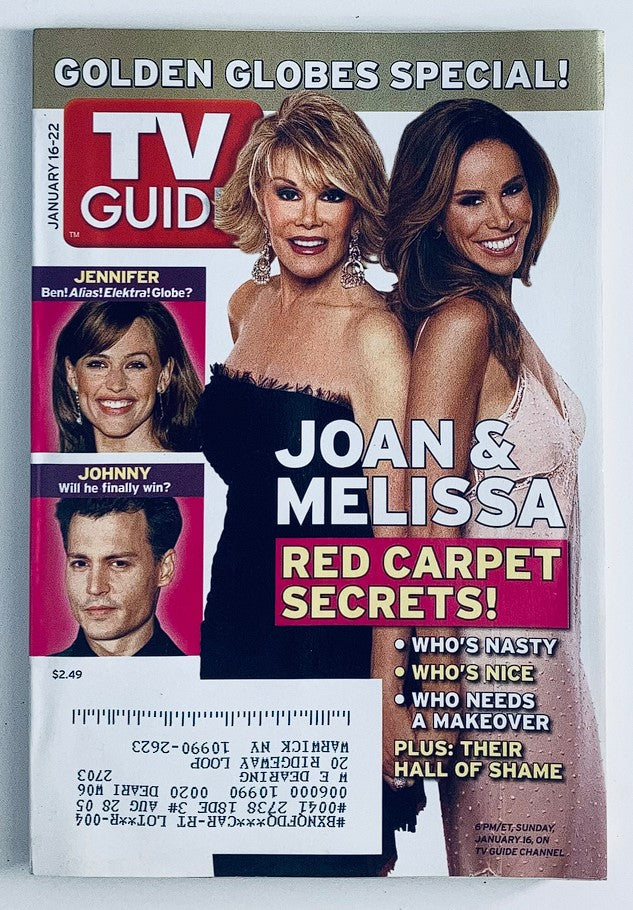 Cover of TV Guide Magazine dated January 16, 2005 featuring Joan and Melissa Rivers. Known for their vibrant personalities, the cover highlights Red Carpet secrets and discusses notable figures in entertainment, capturing a moment in pop culture history.