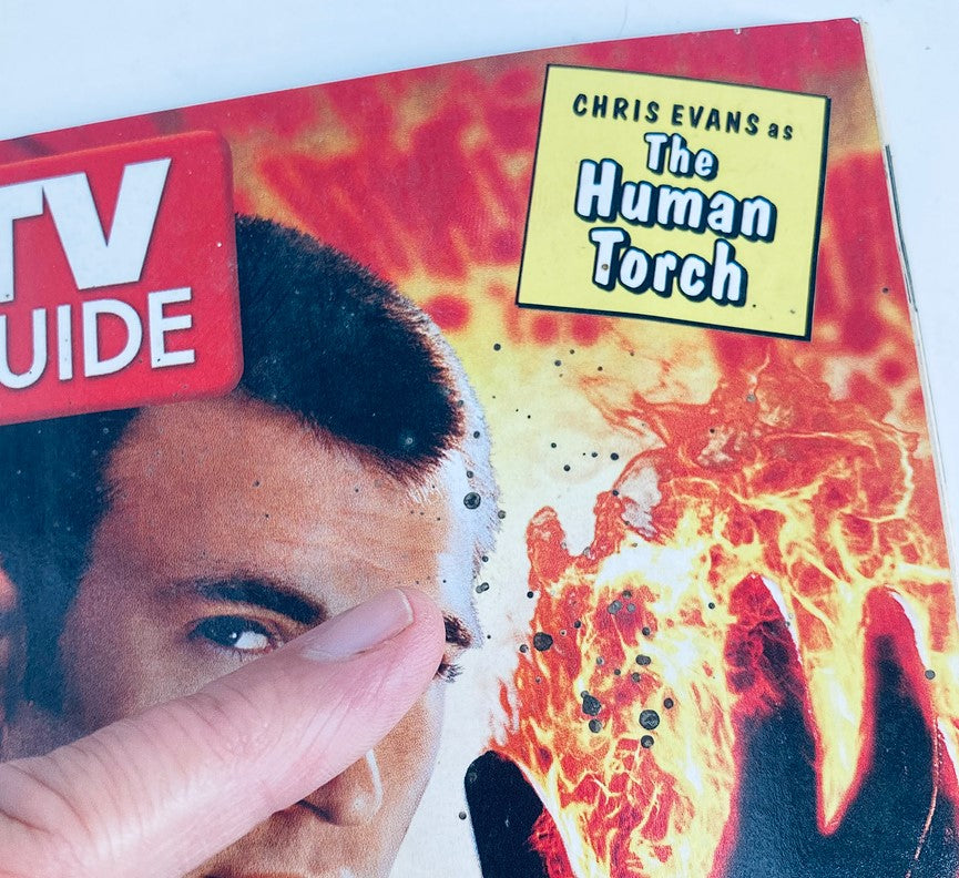 Close-up of TV Guide Magazine cover from July 3 2005, highlighting Chris Evans as The Human Torch in Fantastic Four, with details of the magazine's title.