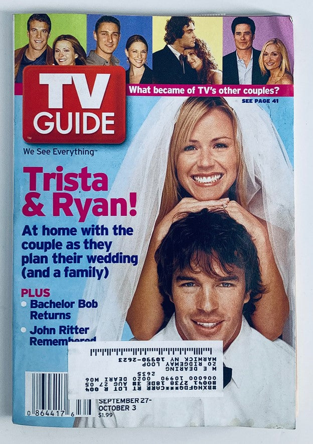 TV Guide Magazine cover featuring Trista Rehn and Ryan Suttler, September 27, 2003. The couple is seen in wedding attire, highlighting their story and impact on early 2000s reality television.
