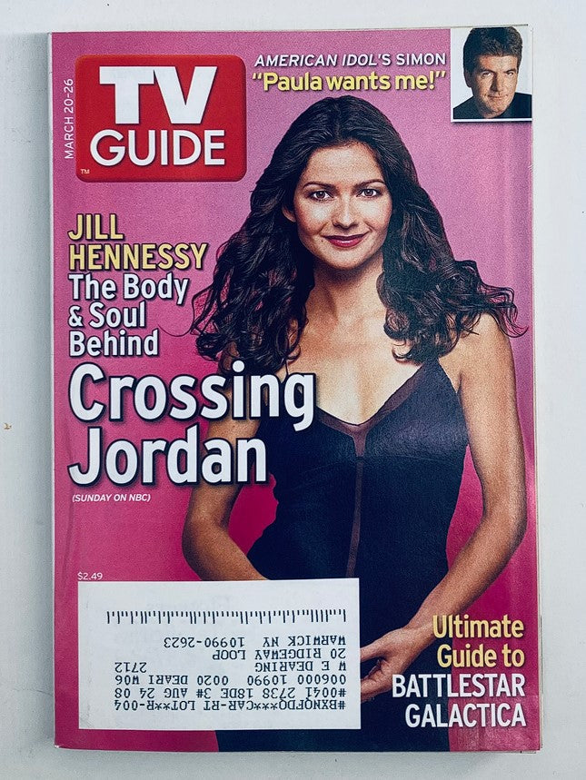 Cover of TV Guide Magazine March 20, 2005 featuring Jill Hennessey, with the headline about Crossing Jordan, and a box highlighting Simon Cowell with a quote about Paula Abdul. This vintage magazine captures an important moment in early 2000s television history.