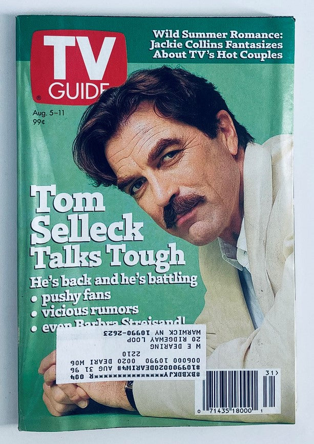 TV Guide Magazine August 5 1995 featuring Tom Selleck on the cover. The cover highlights the feature article 'Tom Selleck Talks Tough' with bold text and an image of Selleck, showcasing the magazine's vintage appeal and pop culture relevance.