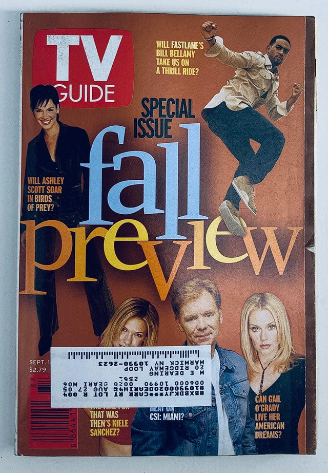 Cover of TV Guide Magazine September 14 2002 featuring Bill Bellamy and David Caruso, showcasing a special fall preview issue with highlights of television programs from the early 2000s.