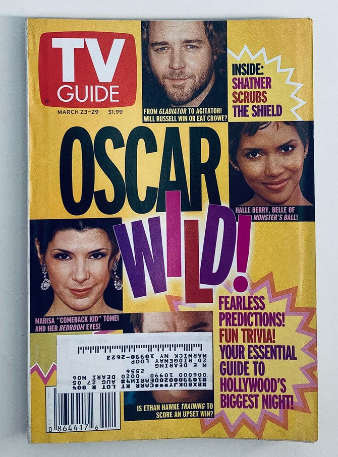 TV Guide Magazine March 23 2002 cover featuring Halle Berry and Russell Crowe, highlighting Oscar-themed content with the tagline 'OSCAR WILD!' Includes fun trivia and predictions related to Hollywood.