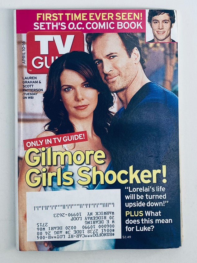 TV Guide Magazine cover for April 10, 2005 featuring Lauren Graham and Scott Patterson with the headline 'Gilmore Girls Shocker.' This edition discusses major plot twists including 'Lorelai's life will be turned upside down!' and highlights the show's dynamics.