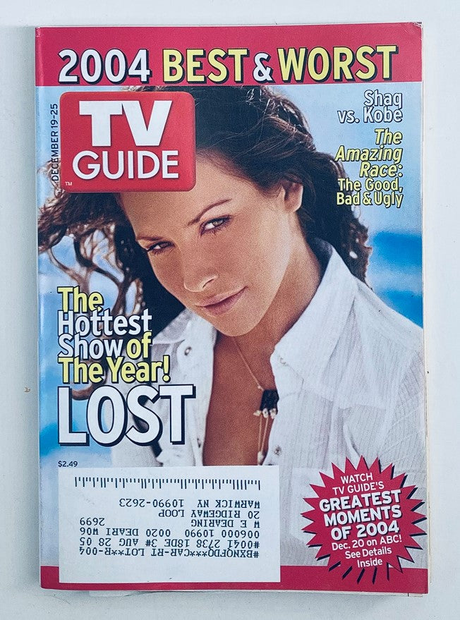 TV Guide Magazine December 19 2004 featuring Evangeline Lilly on the cover, showcasing articles about the showdown between Shaquille O'Neal and Kobe Bryant, and highlighting the popular TV show LOST as the hottest show of the year.