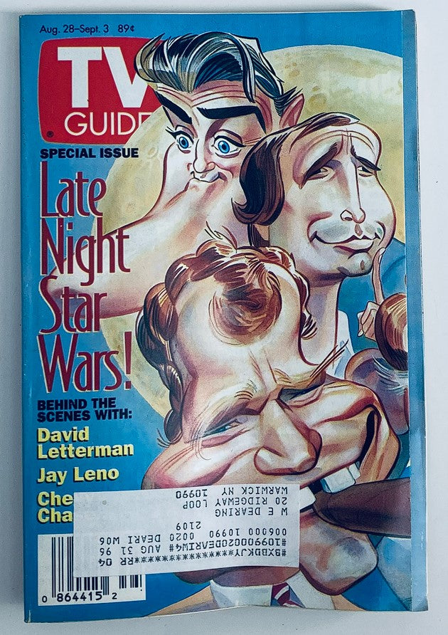 Cover of TV Guide Magazine from August 28, 1993, featuring caricatures of Jay Leno and David Letterman with the title 'Late Night Star Wars!' showcasing the rivalry of late-night talk shows.