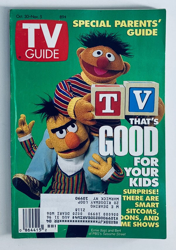 Cover of TV Guide Magazine dated October 30, 1993, featuring Ernie and Bert from Sesame Street, highlighting the theme 'TV That's Good for Your Kids'.