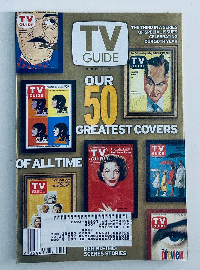 Cover of TV Guide Magazine June 15, 2002 featuring iconic artwork and notable stars including Polly Bergen and Sebastian Cabot. Celebrates TV's 50 greatest covers with a visually striking design, suitable for vintage magazine collectors.