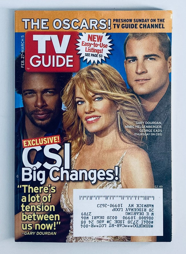 Cover of TV Guide Magazine from February 27, 2005, featuring Gary Dourdan and Marg Helgenberger, highlighting 'CSI: Big Changes!' with a colorful, eye-catching design.
