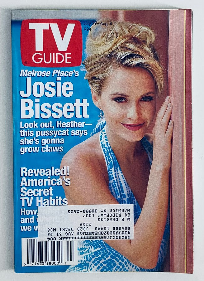 TV Guide Magazine cover from July 29, 1995 featuring Melrose Place's Josie Bissett. The cover showcases her in a stylish swimwear, highlighting her impact on television during the 90s.