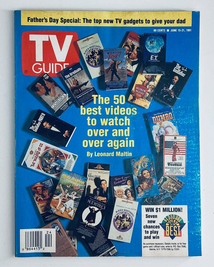 TV Guide Magazine June 15 1991 cover featuring classic films like The Godfather and Robin Hood, showcasing the top 50 best videos to watch, with a collage of iconic movie posters.