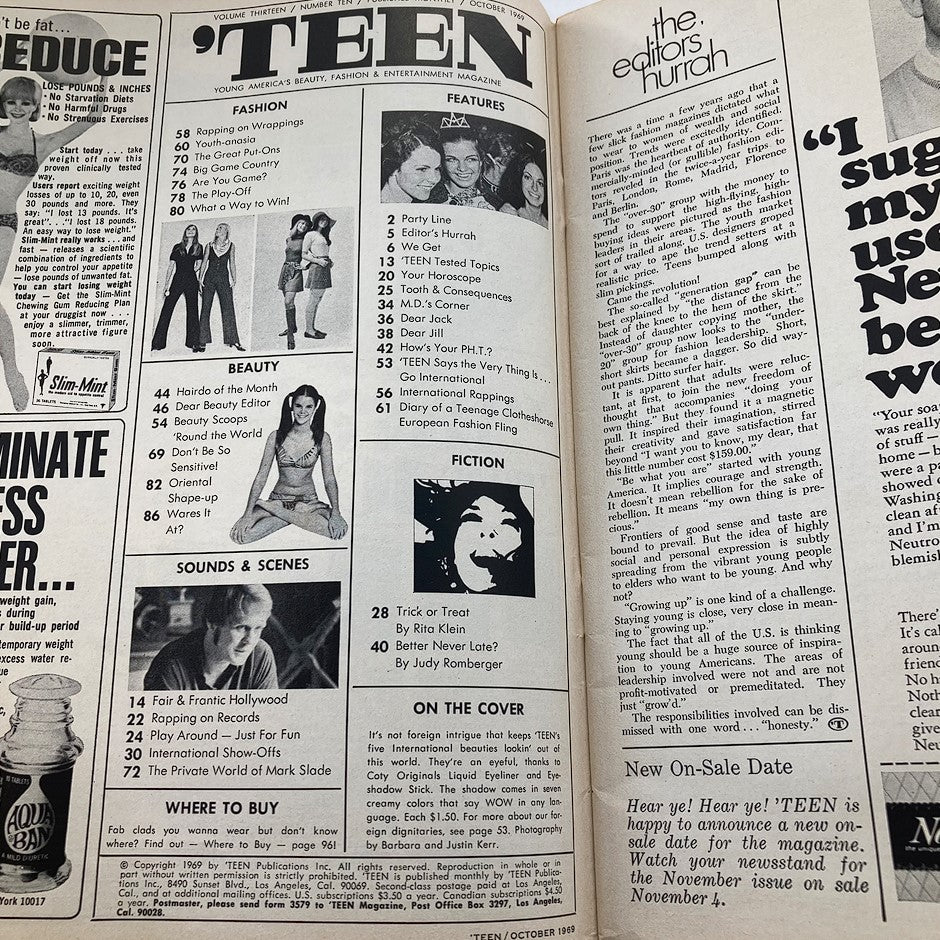 Interior page of VTG 'Teen Magazine October 1969 Vol 13 #10 showing features, fashion, beauty, and sounds including articles like 'Dear Abby' and 'Party Line' for the world's most beautiful teens.