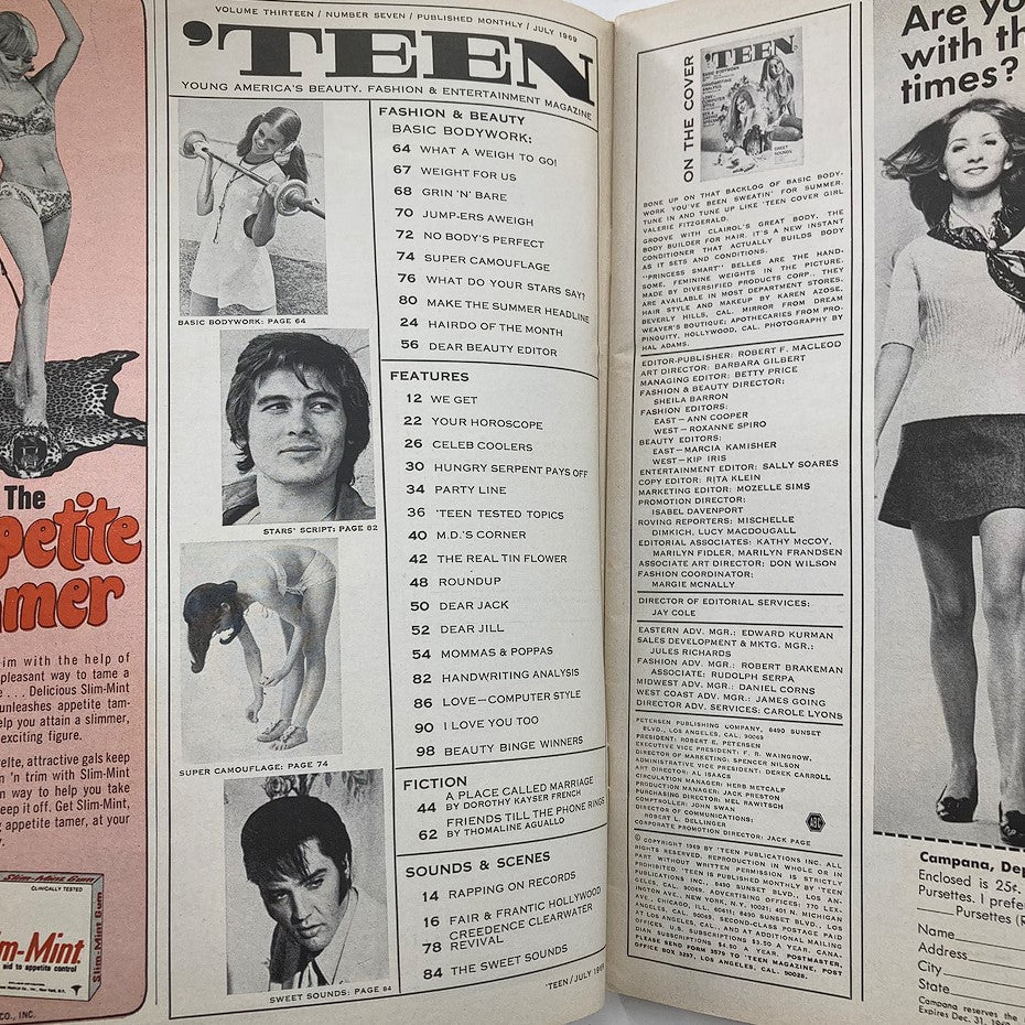 Interior page of VTG 'Teen Magazine July 1969 Vol 13 #7 showcasing articles and features including basic bodywork and the fictional piece 'A Place Called Marriage'.