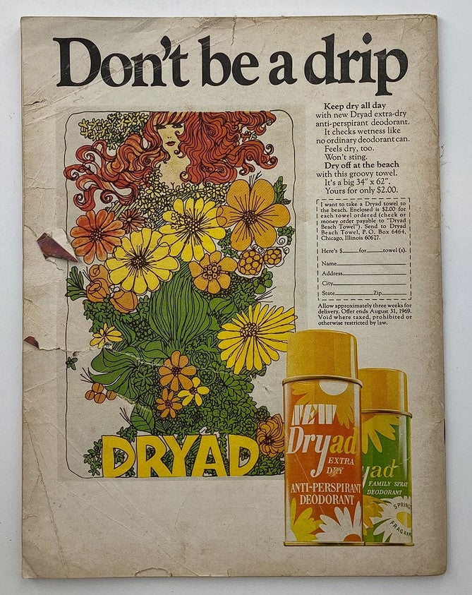 Vintage advertisement from 'Teen Magazine June 1969 Vol 13 #6' featuring an illustration of a woman with flowers and a 'Dryad' anti-perspirant deodorant. The text reads 'Don't be a drip' and provides a promotional message along with ordering details.
