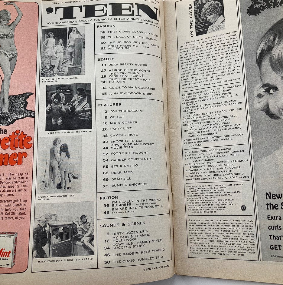 Inside page of VTG 'Teen Magazine March 1969, highlighting articles and features on beauty, fashion, and lifestyle relevant to 1960s youth culture.