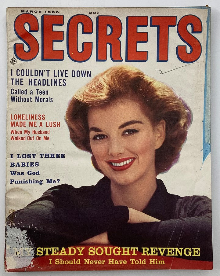 Cover of VTG Secrets Magazine from March 1960, Volume 47, Issue 4, featuring the title 'My Steady Sought Revenge' with a beautiful vintage illustration of a smiling woman.