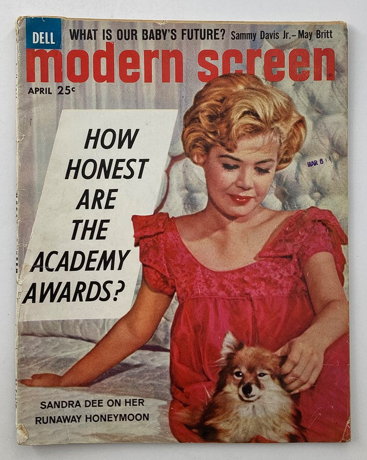 Vintage Modern Screen Magazine from April 1961 featuring Sandra Dee on her honeymoon with a playful dog, highlighting 1960s pop culture and glamour.