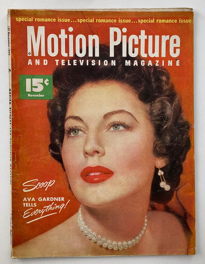 Vintage Motion Picture Magazine cover from November 1952 featuring Ava Gardner with the headline 'Scoop Ava Gardner Tells Everything!' showcasing classic Hollywood glamour.