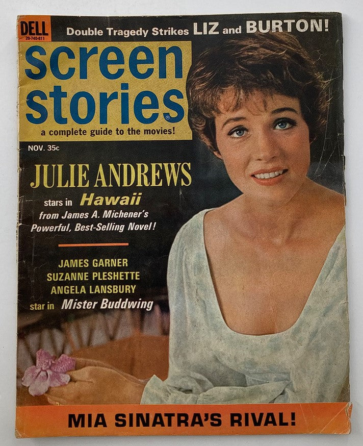 Cover of VTG Screen Stories Magazine from November 1966 featuring Julie Andrews and promotional text highlighting her role in Hawaii, along with appearances by James Garner, Suzanne Pleshette, and Angela Lansbury.