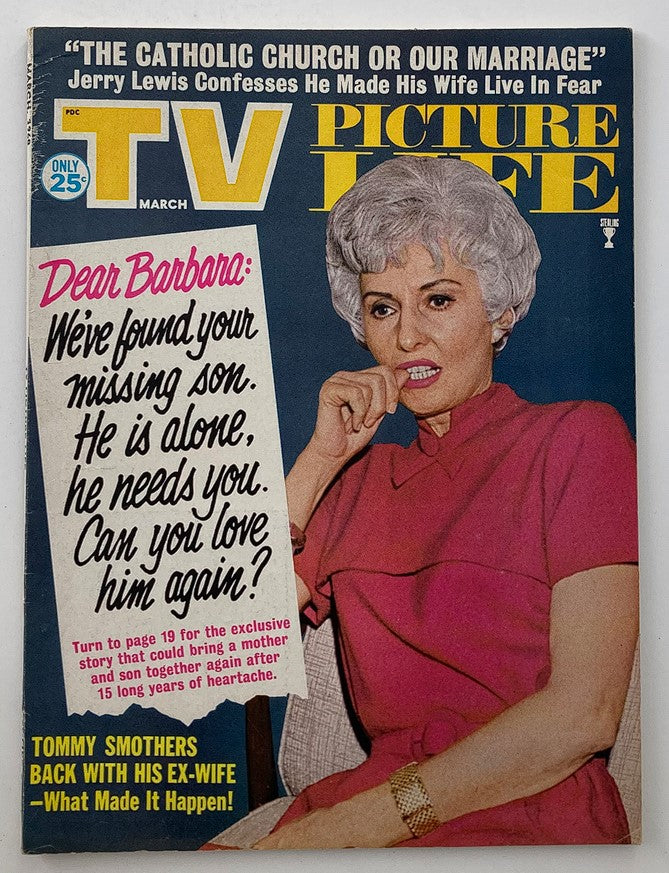 VTG TV Picture Life Magazine March 1968 featuring the cover story 'Dear Barbara' showcasing a dramatic image of a woman in a pink dress, highlighting exciting articles about iconic television figures.
